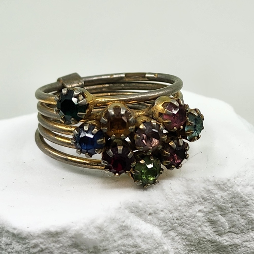 Vintage Multicolor Rhinestone Cluster Multi Band Cocktail Ring Size 7 Statement